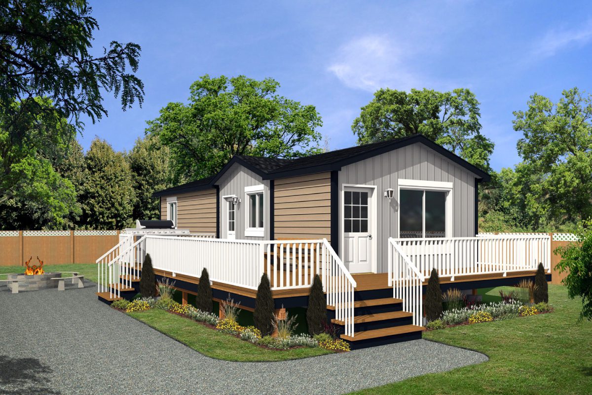 Modern mobile home with surrounding garden area.