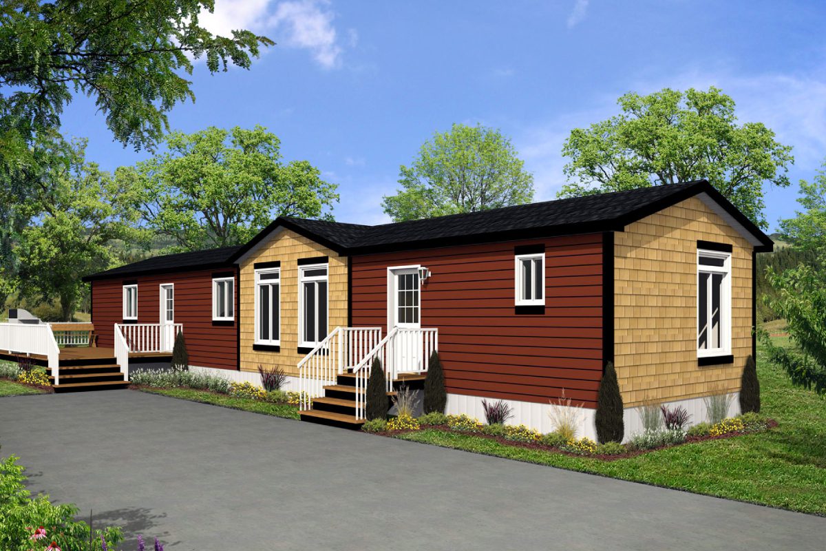 Red and beige house with white railings.