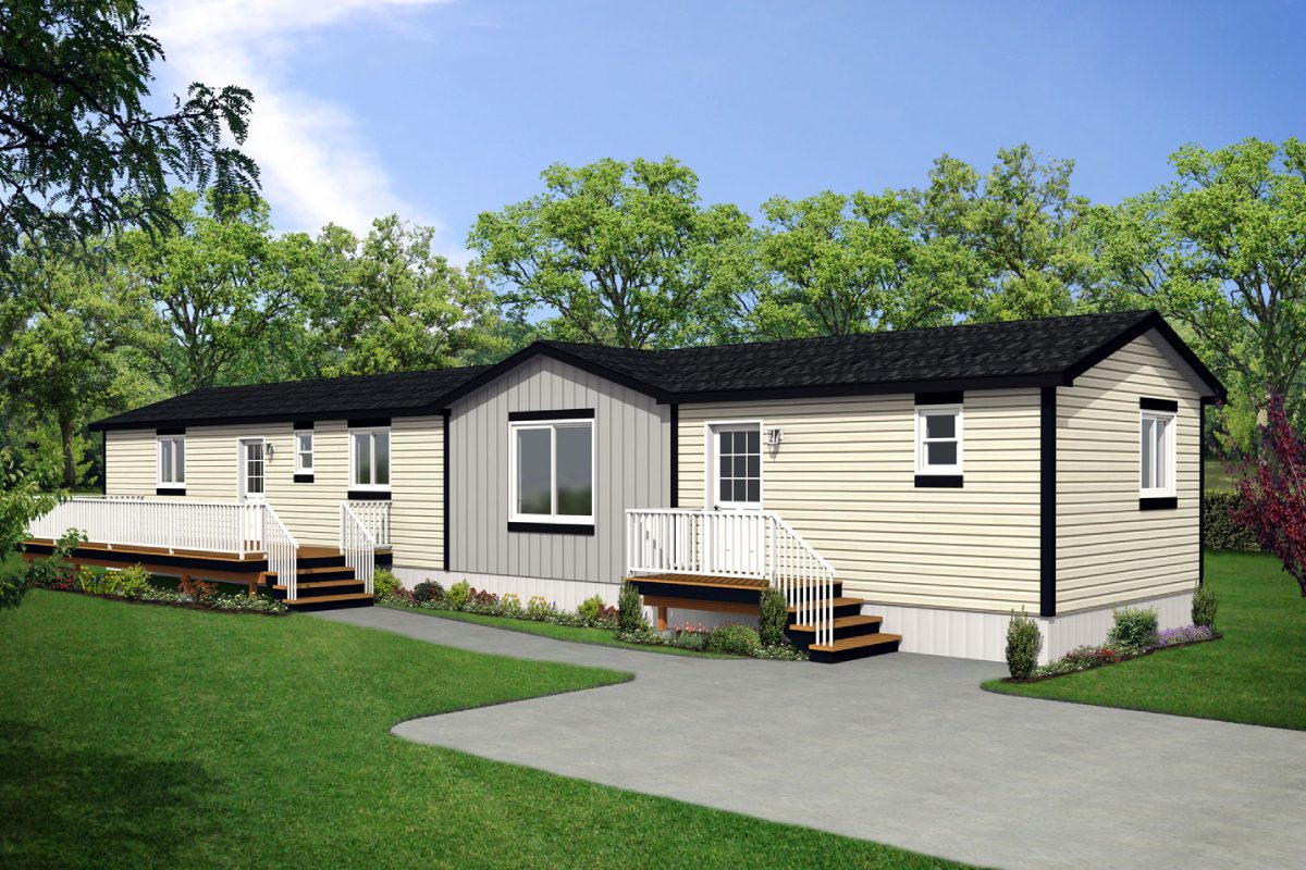Manufactured home with porch in green setting.