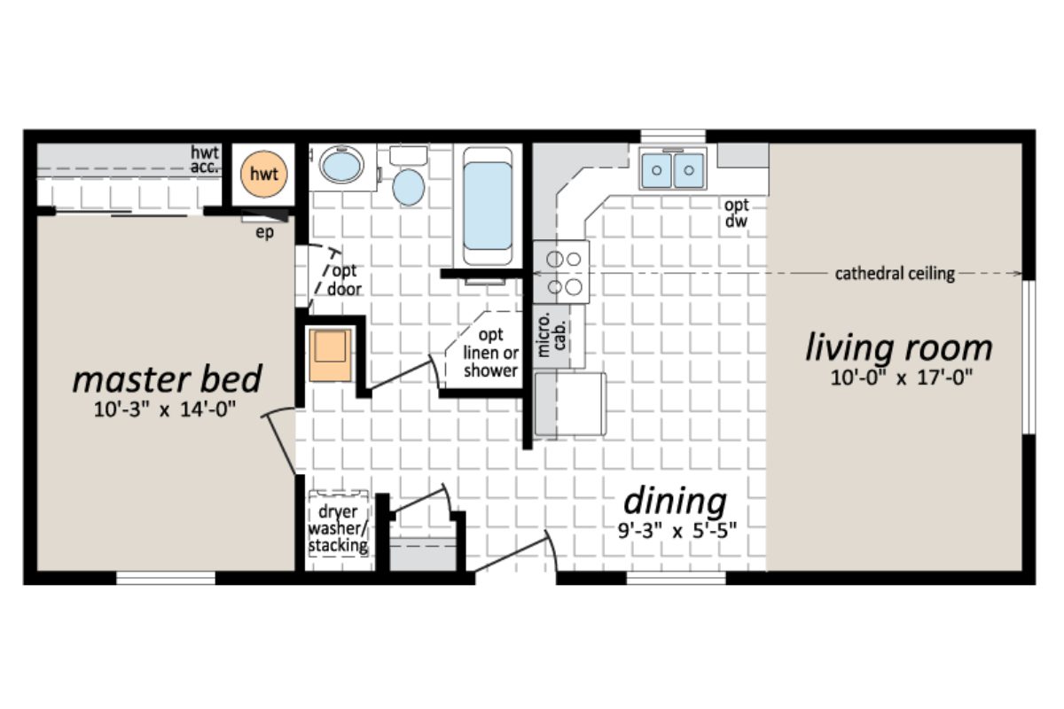 Floor plan with bedroom, bathroom, living room.