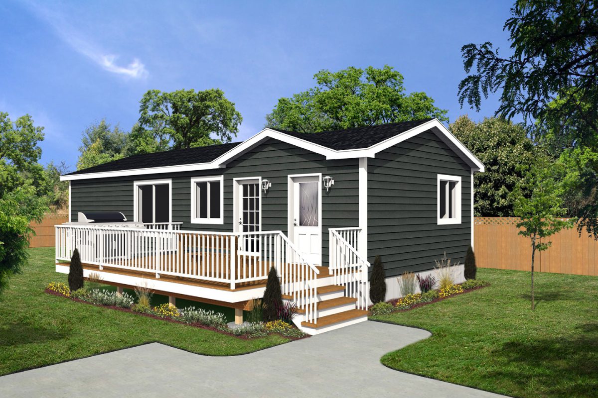 Small modern house with white railing.