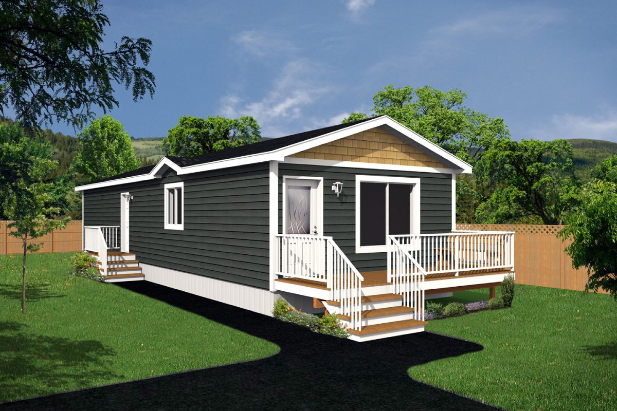 Modern tiny house with porch and greenery.