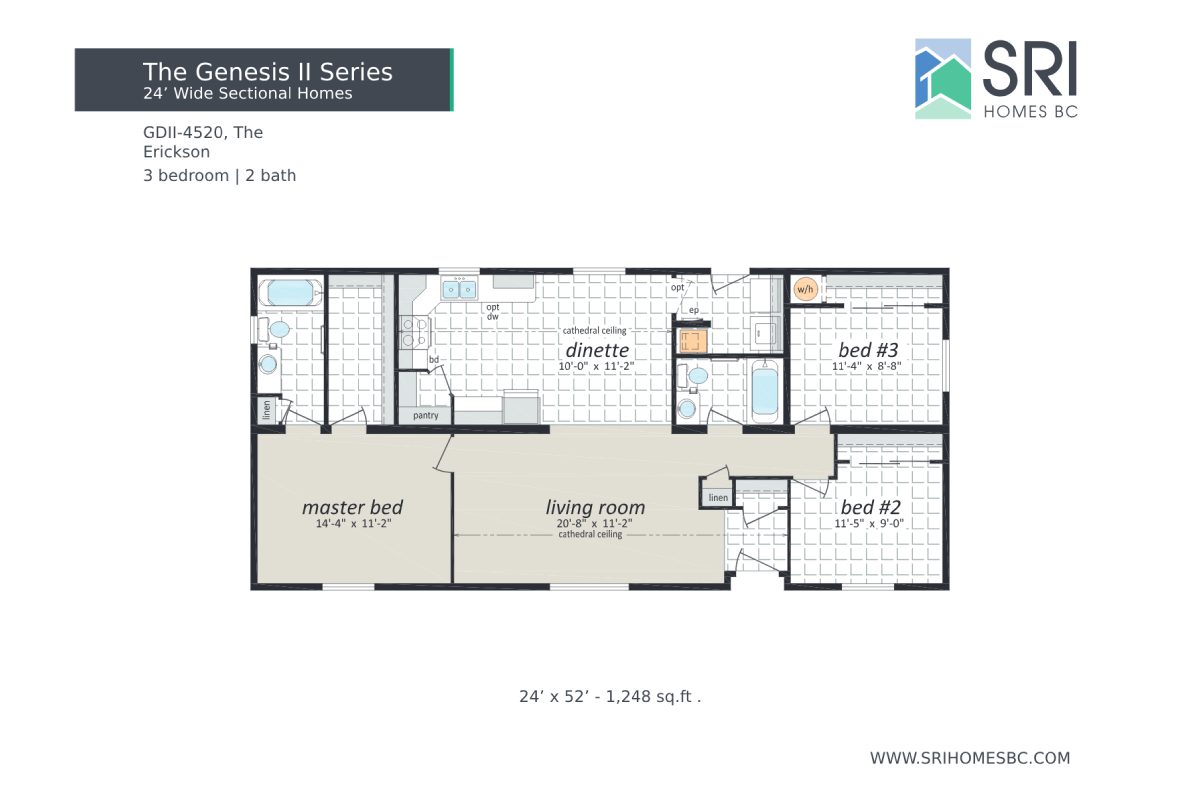 Floor plan of three-bedroom sectional home.