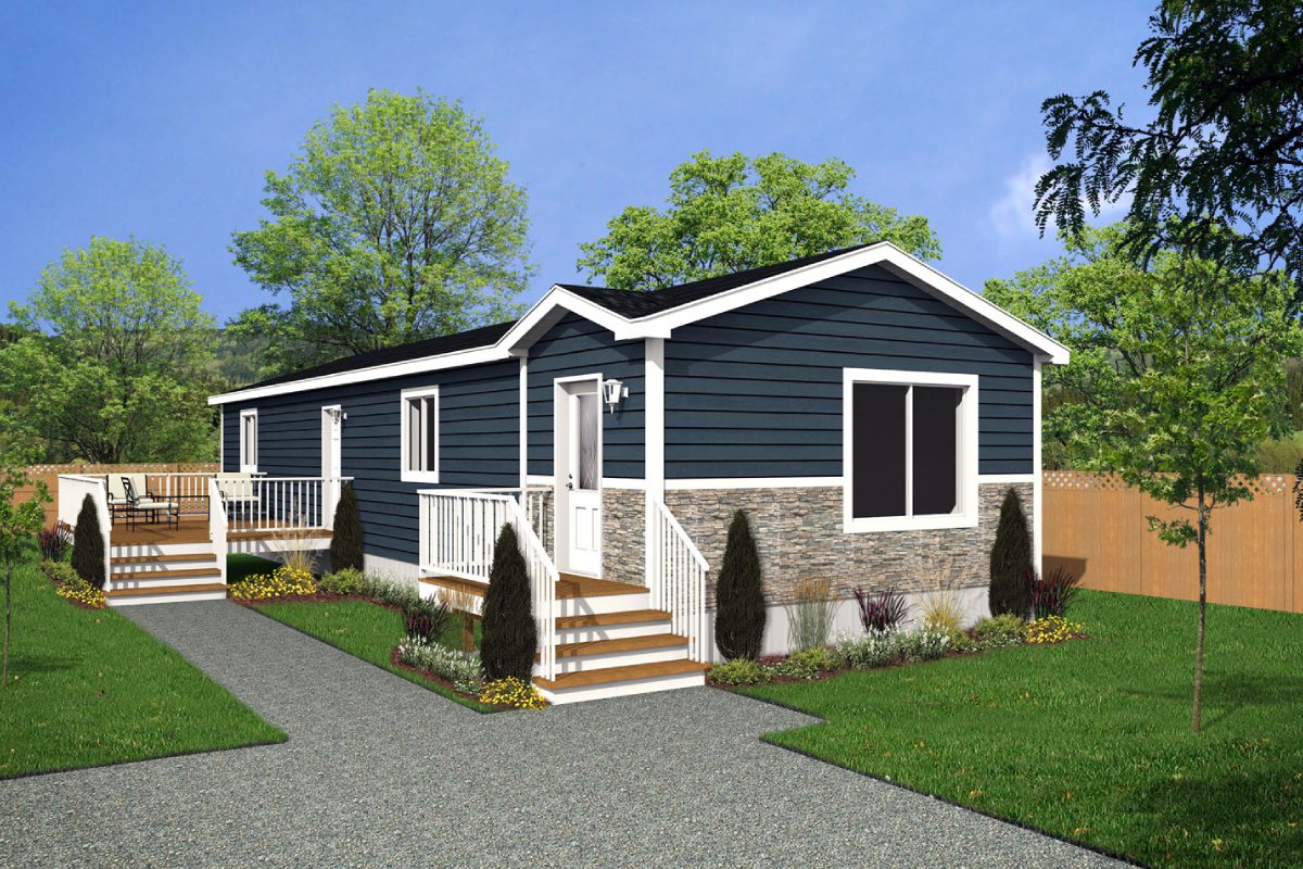 Blue modular home with landscaped front yard.