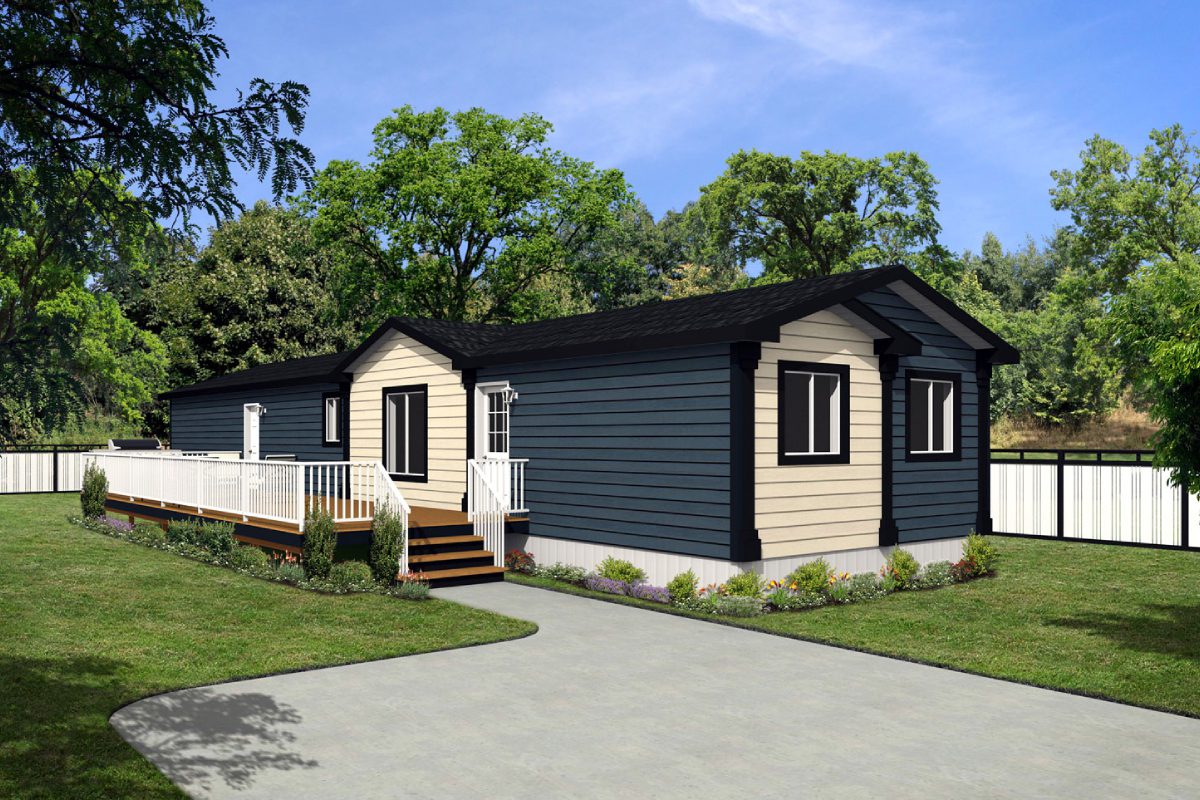 Modern single-story house with wraparound porch.