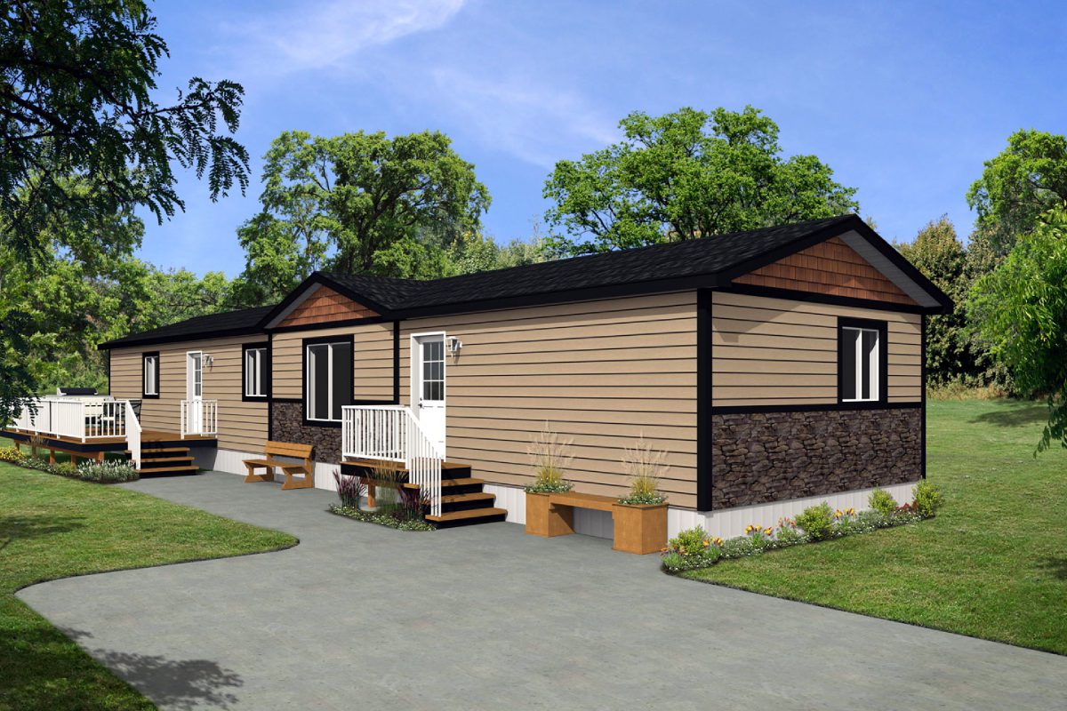 Modular home with trees and pathway.