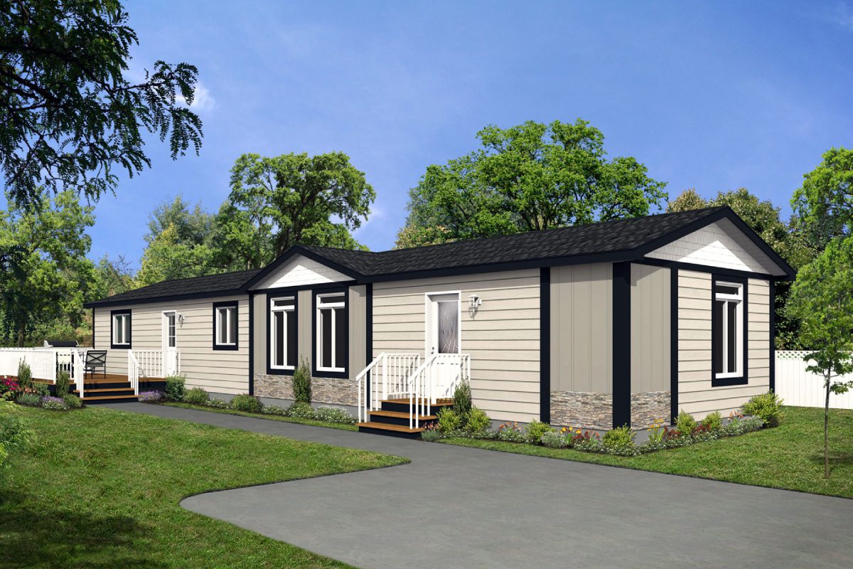 Modern manufactured home with a landscaped yard.