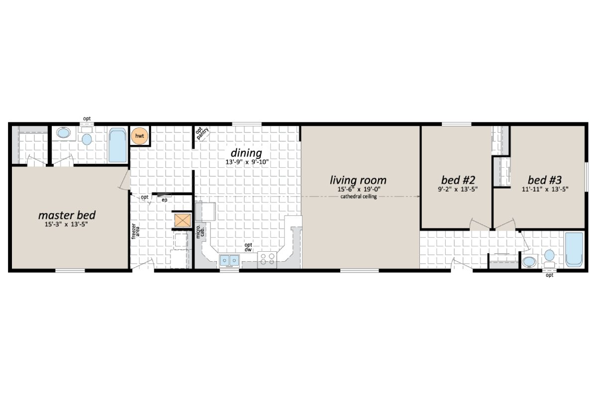 Floor plan with three bedrooms and dining area.