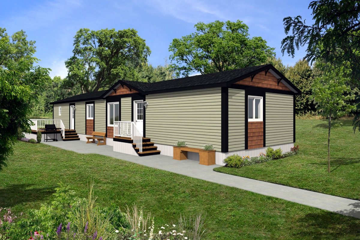 Modular home surrounded by lush green lawn.