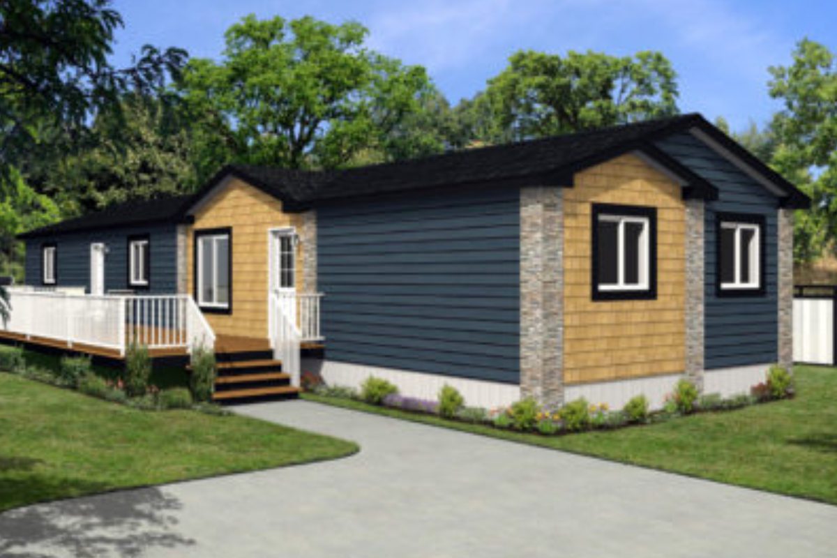 Modern manufactured home with porch and driveway.