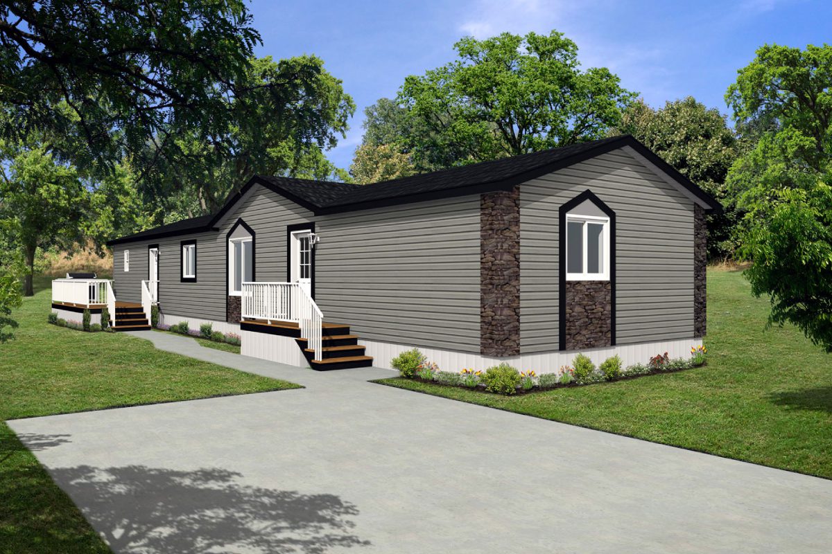 Gray manufactured home with porch and trees.