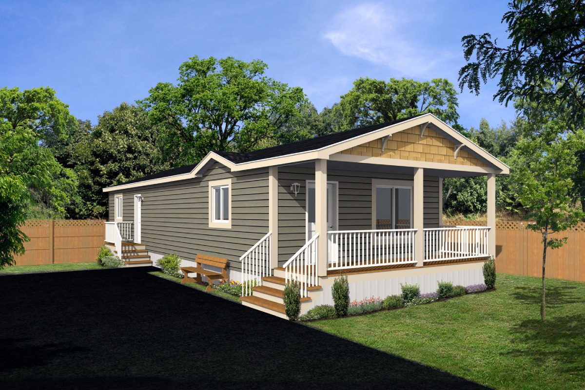 Modular home with porch in green yard.