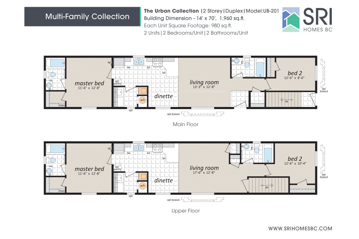 Two-story duplex floor plan layout.