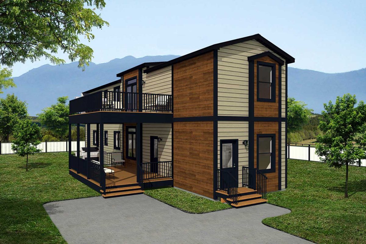 Two-story house with wooden exterior design.