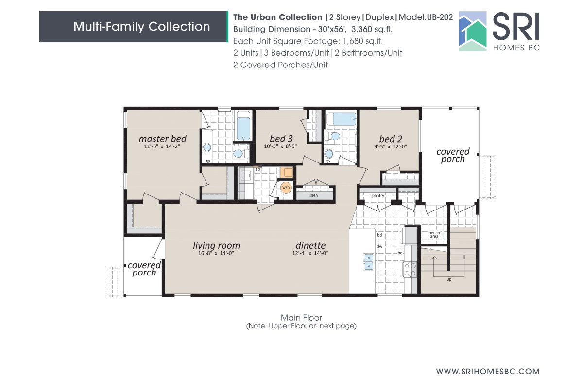 Duplex floor plan with three bedrooms layout.