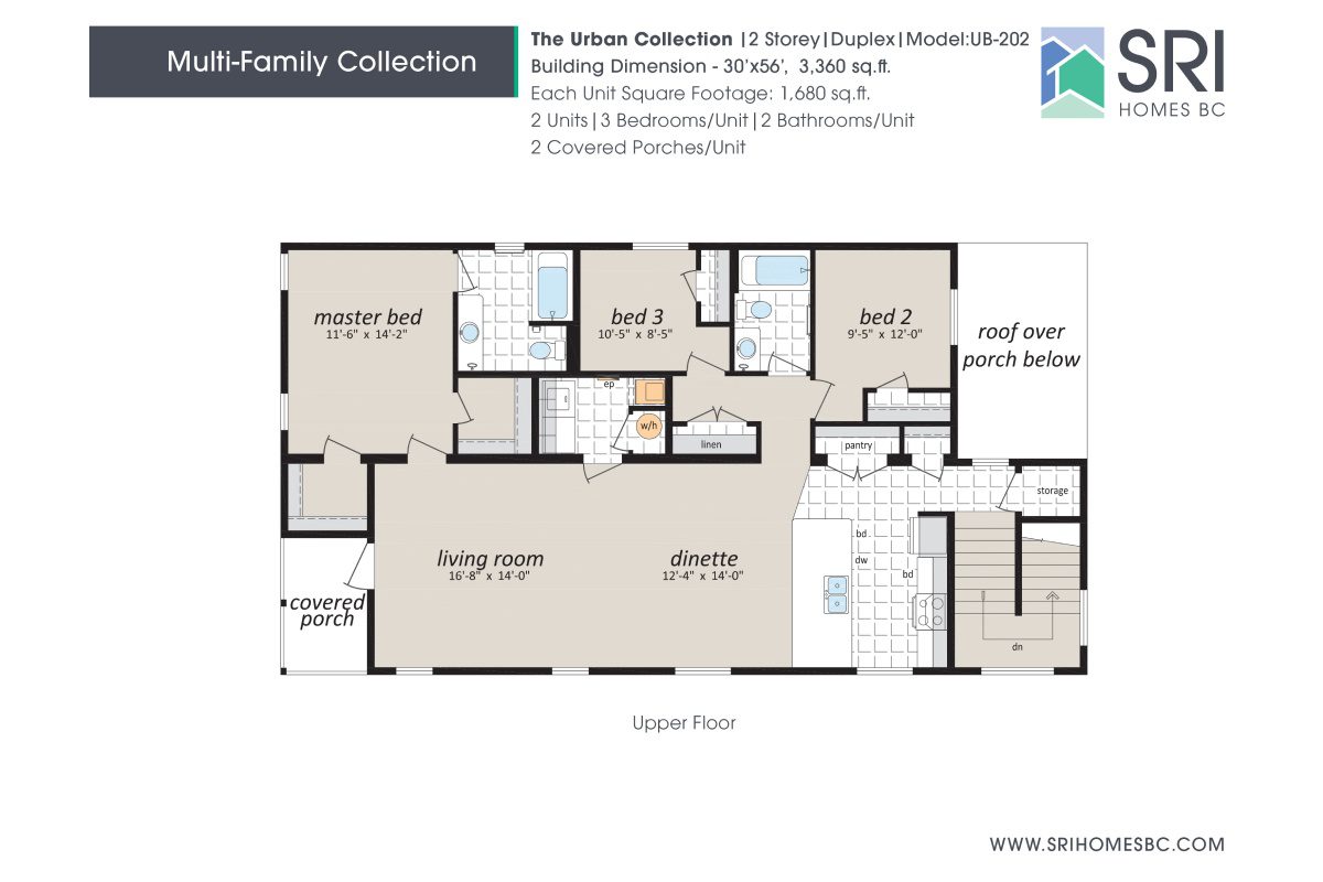 Multifamily duplex floor plan with three bedrooms.