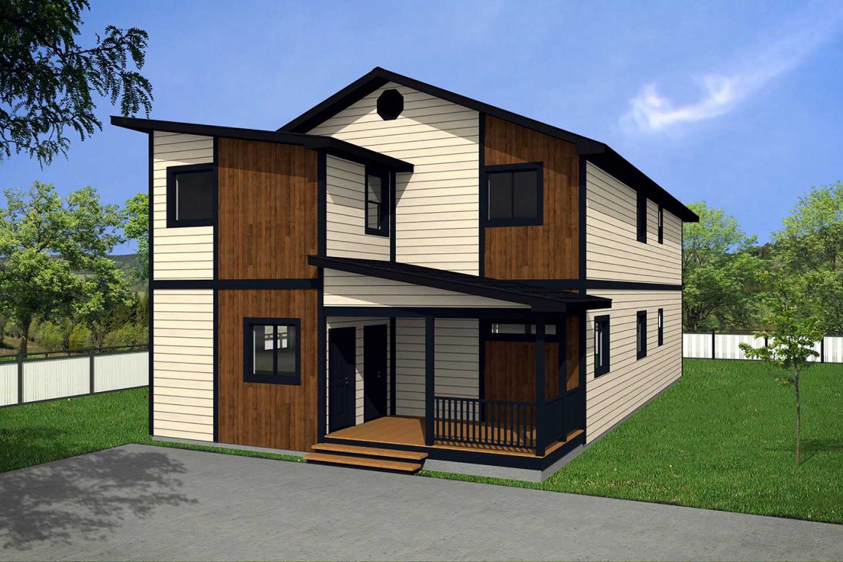 Modern two-story house with wooden accents.